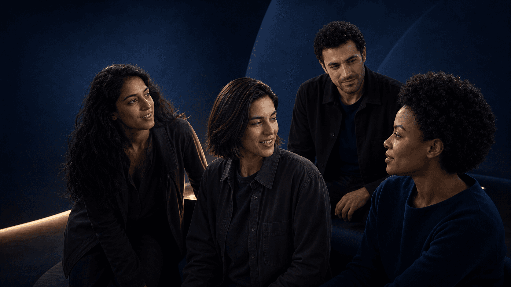 Quatro pessoas reunidas em uma conversa, representando encontros e comunidade na Lux Live