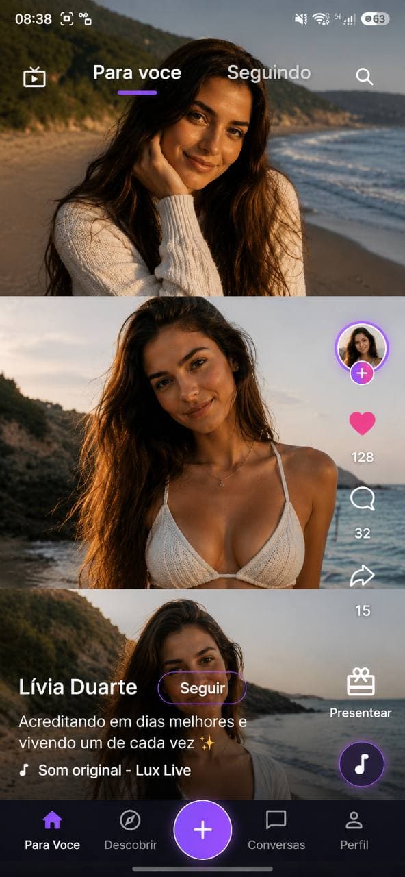 Feed Para Você do aplicativo Lux Live