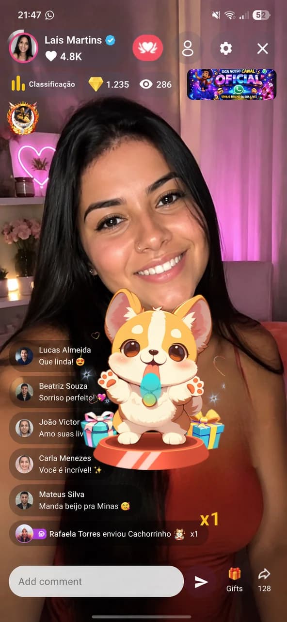 Transmissão ao vivo da Lux Live com comentários e presente virtual