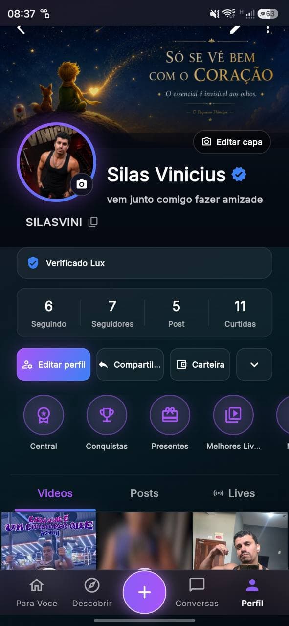 Perfil de usuário no aplicativo Lux Live