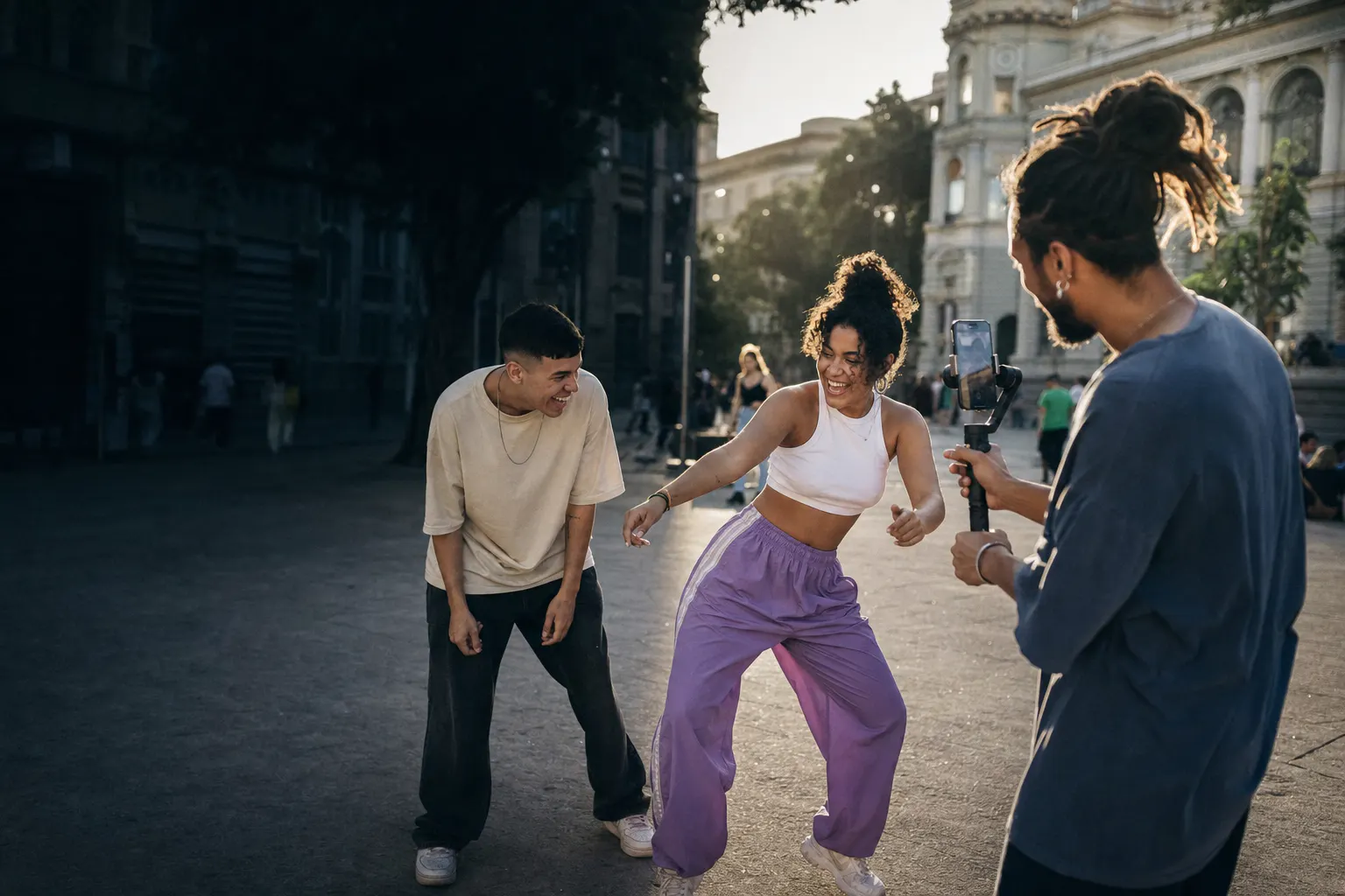 Amigos produzem um vídeo curto em uma praça brasileira